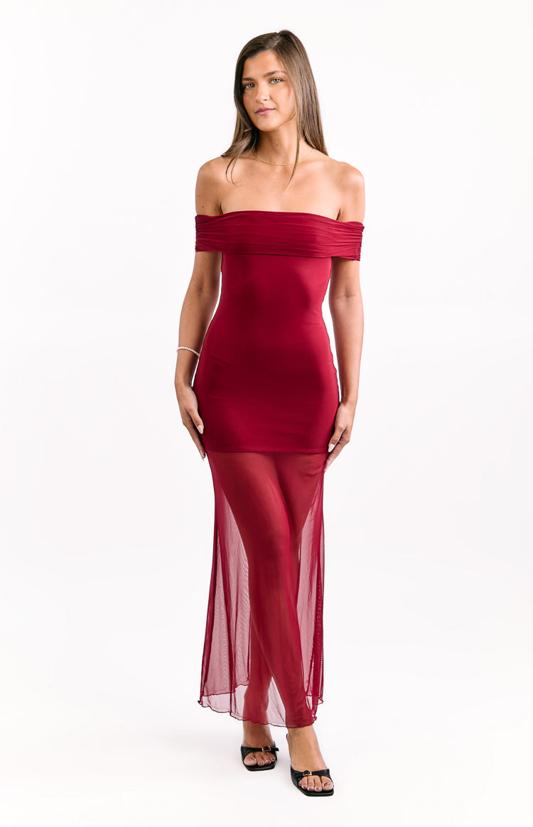 Tabitha Wine Off Shoulder Mesh Maxi Dress — 3