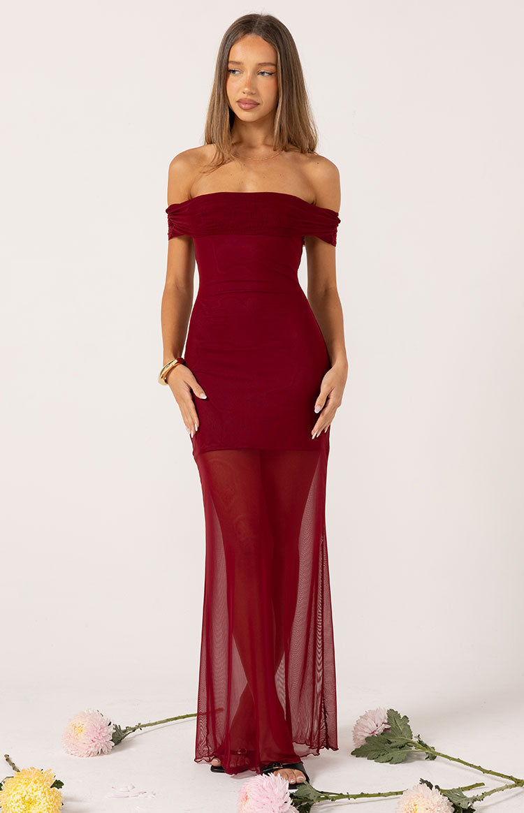 Tabitha Wine Off Shoulder Mesh Maxi Dress — 7
