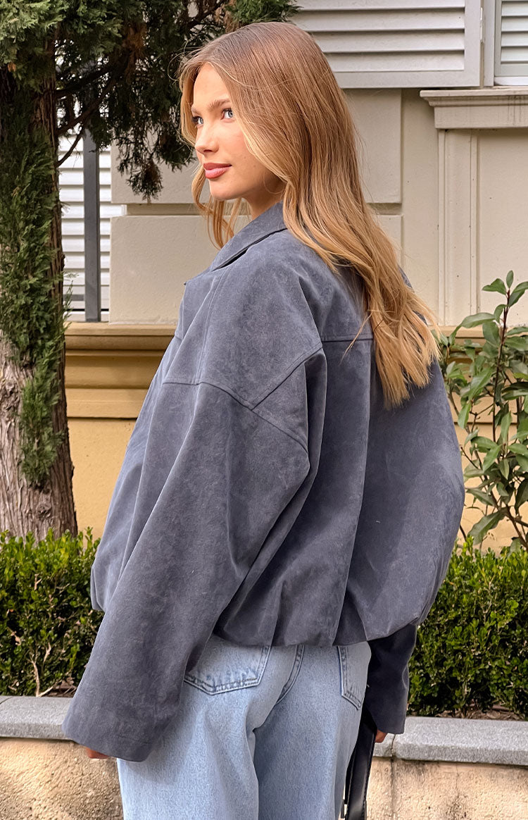 River Steel Grey Suedette Bubble Hem Bomber Jacket — 2