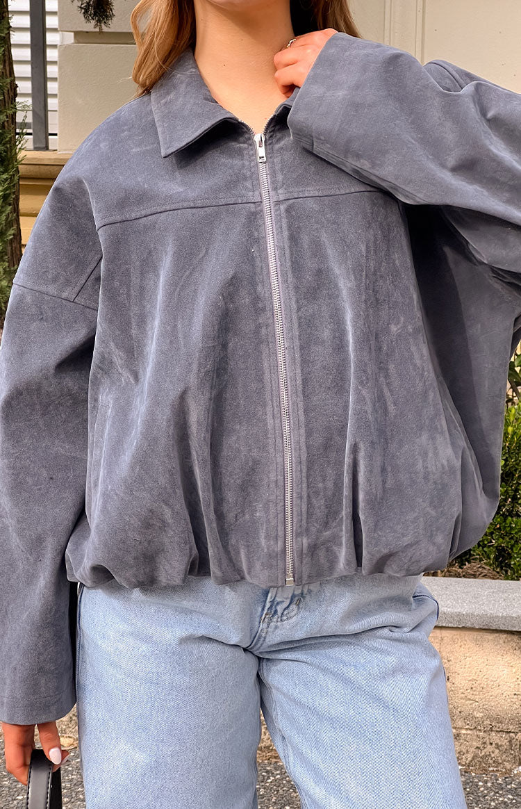 River Steel Grey Suedette Bubble Hem Bomber Jacket — 3