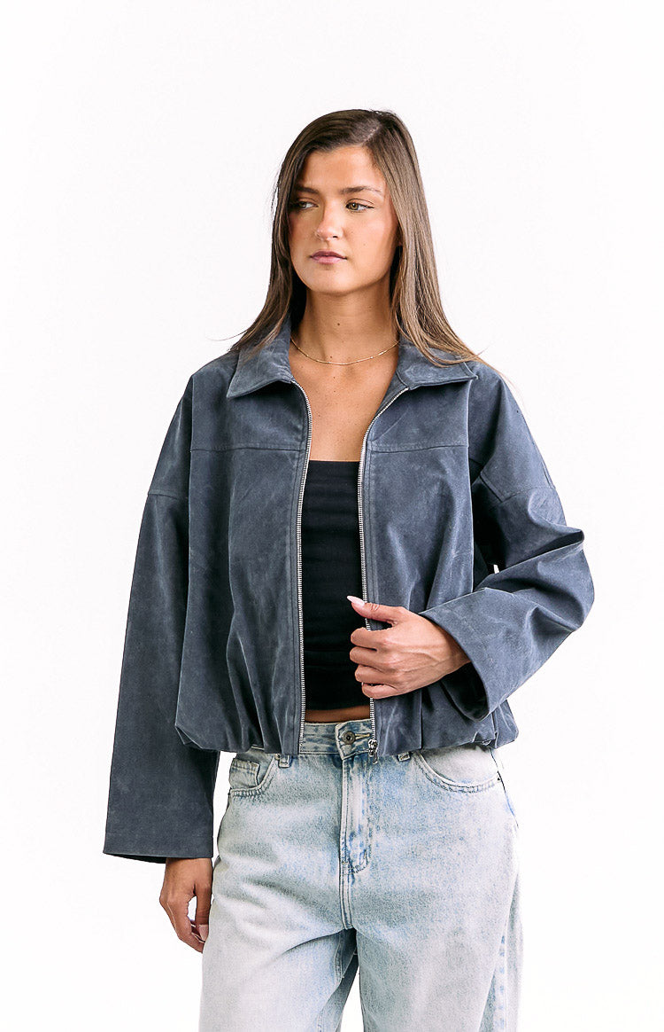 River Steel Grey Suedette Bubble Hem Bomber Jacket — 4