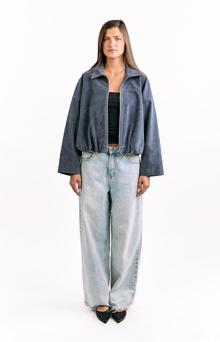 River Steel Grey Suedette Bubble Hem Bomber Jacket — 5