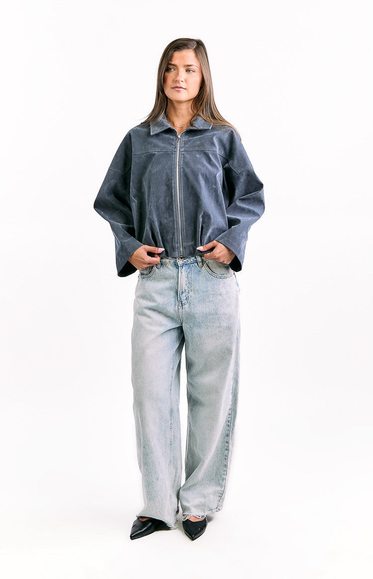 River Steel Grey Suedette Bubble Hem Bomber Jacket — 6