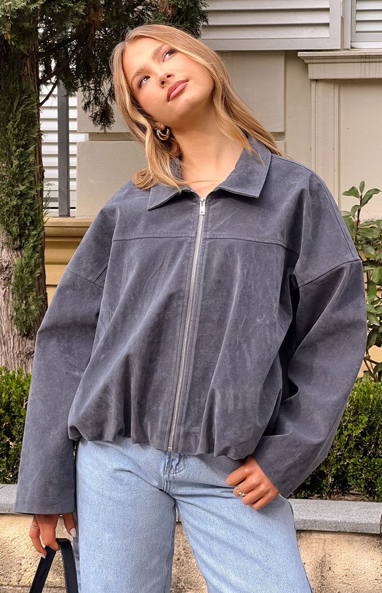 River Steel Grey Suedette Bubble Hem Bomber Jacket — 10