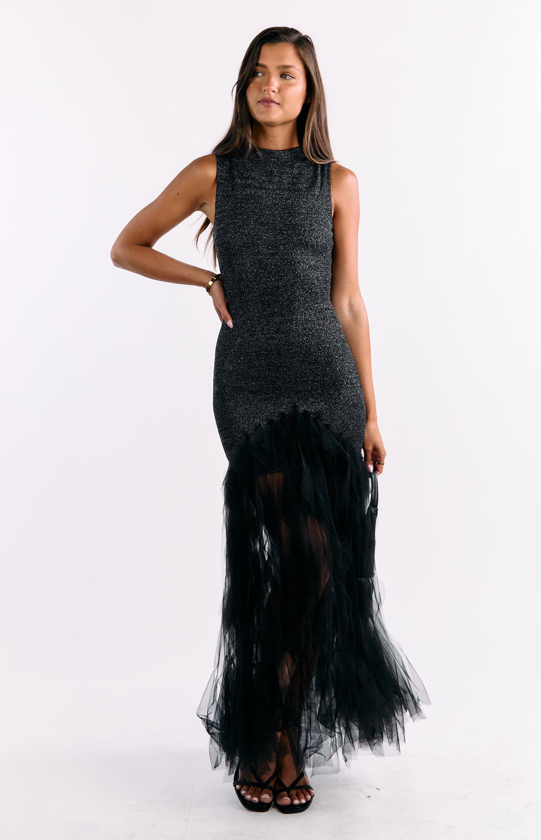 Courtni Black Sequin Ruffle Maxi Dress — 1