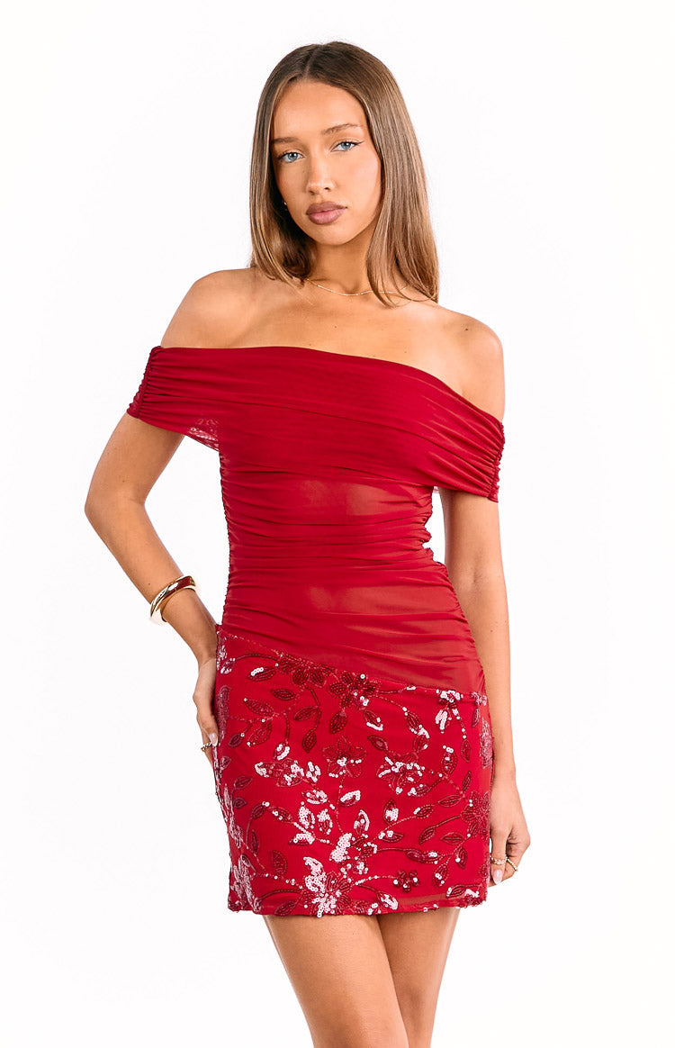 Rhea Red Sequin Mesh Mini Dress — 2