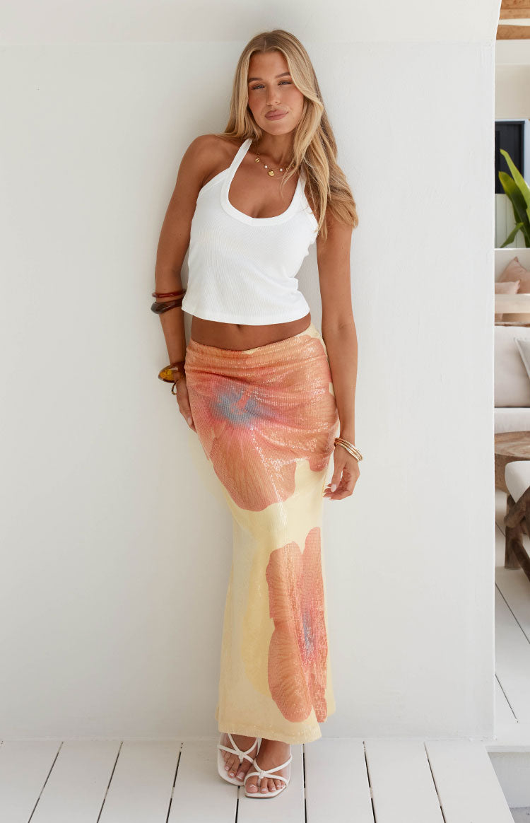 Denzel Yellow Floral Sequin Maxi Skirt — 1