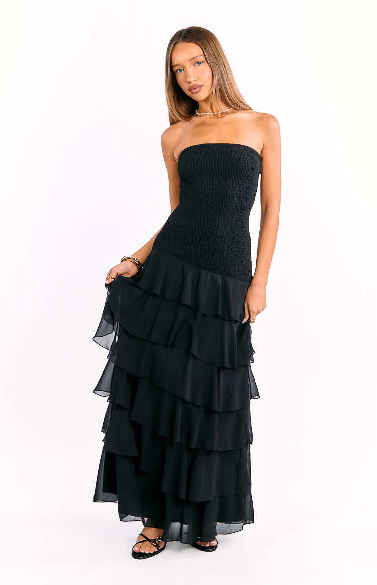 Riles Black Strapless Ruffle Maxi Dress — 3