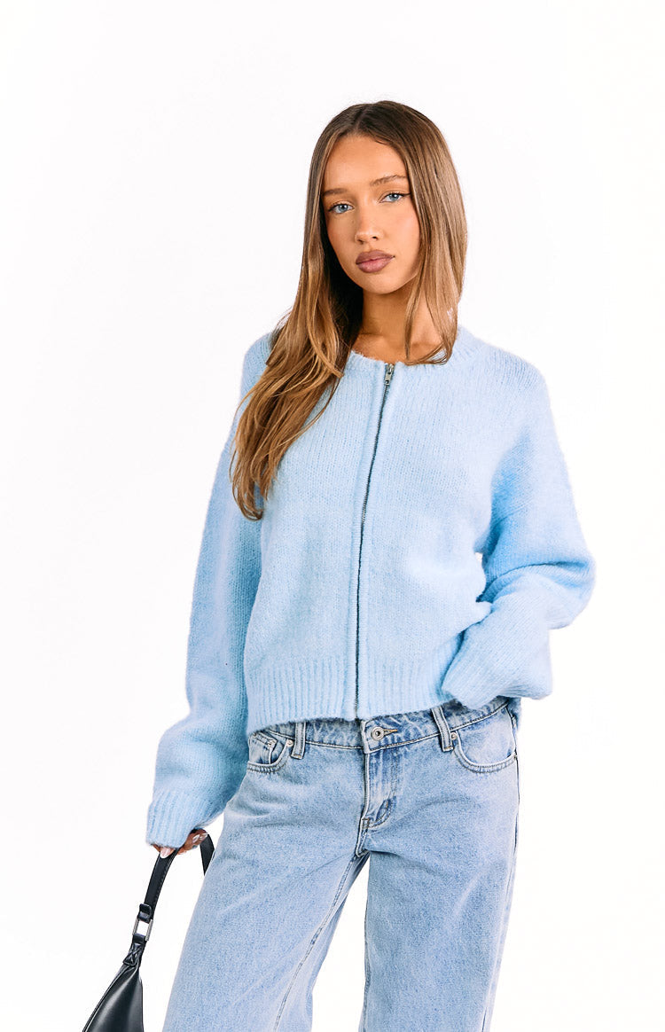 Stacey Light Blue Zip Knit Cardigan — 2