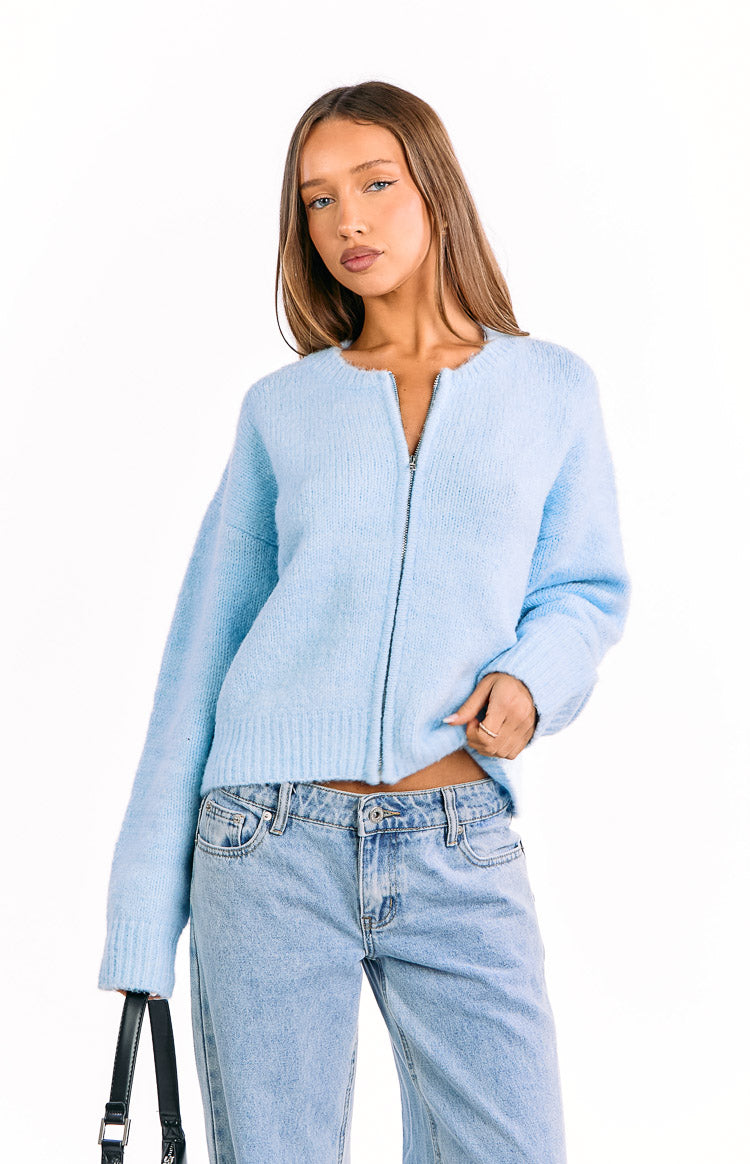 Stacey Light Blue Zip Knit Cardigan — 14