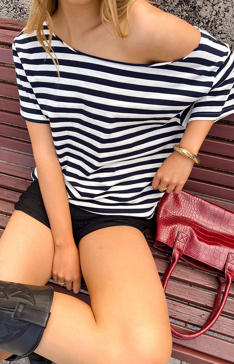 Kaiser Navy Stripe Off Shoulder Oversized Top — 1