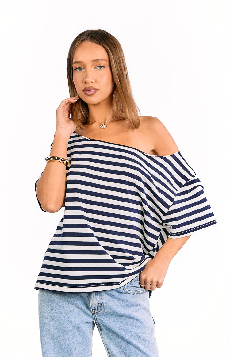 Kaiser Navy Stripe Off Shoulder Oversized Top — 1