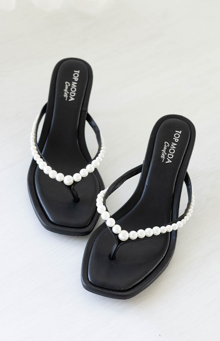 Selena Black Pearl Detail Thong Heels — 2