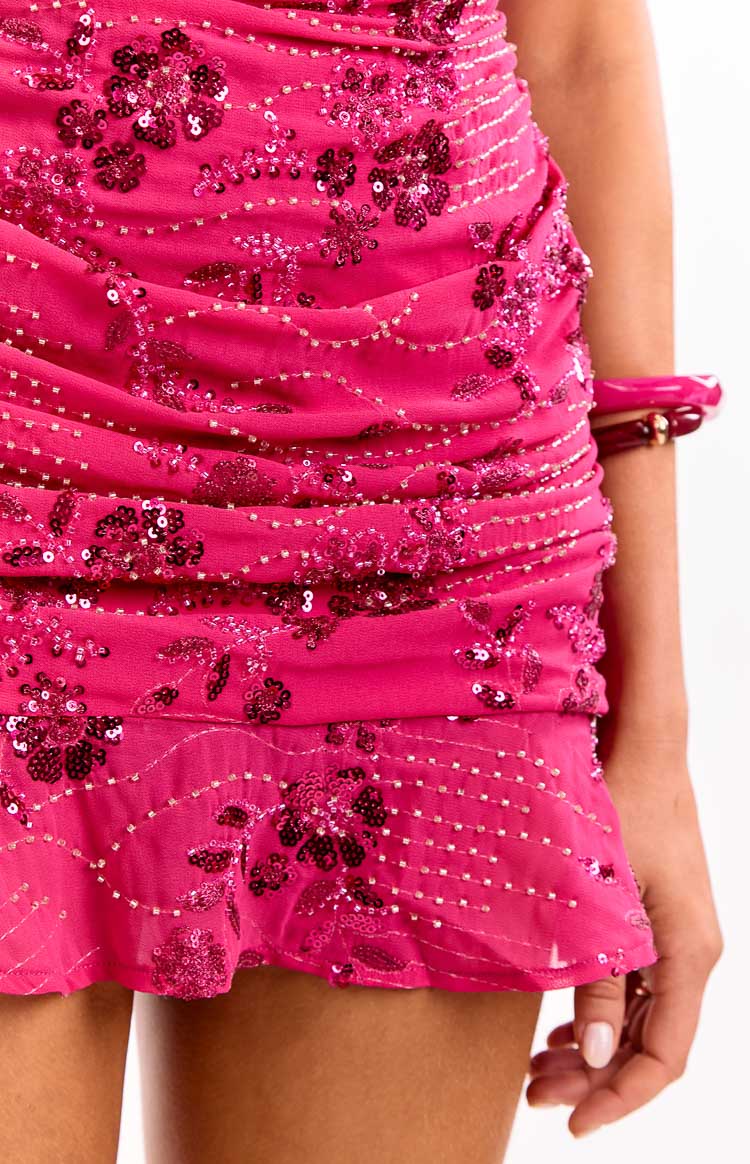 Denver Hot Pink Strapless Beaded Party Mini Dress — 8