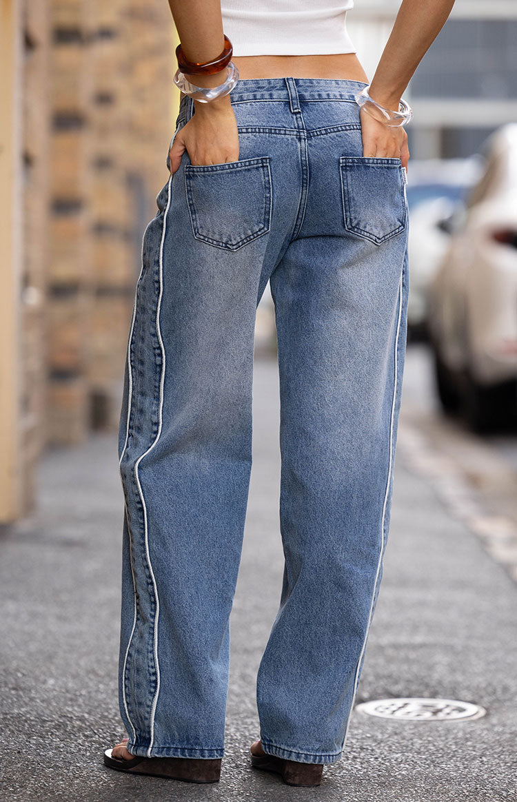 Posey Mid Wash Contrast Seam Wide Leg Jeans — 10