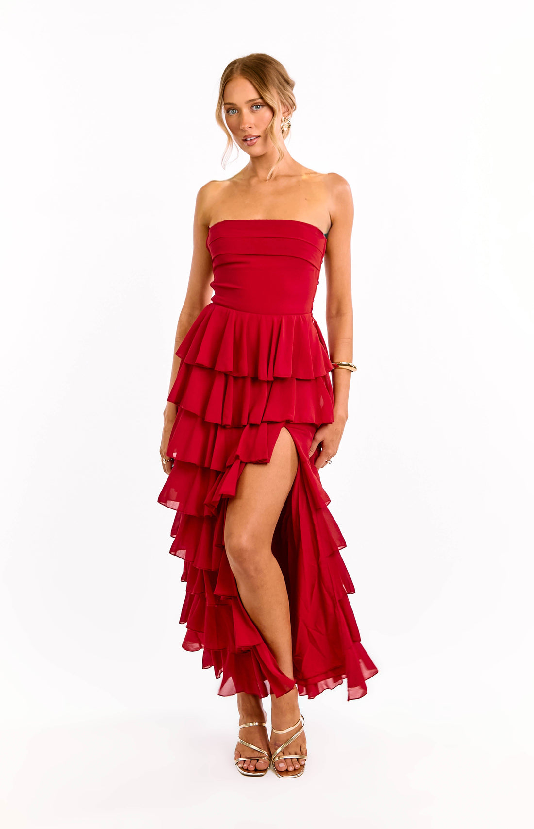 Kim Red Strapless Ruffle Maxi Dress — 1