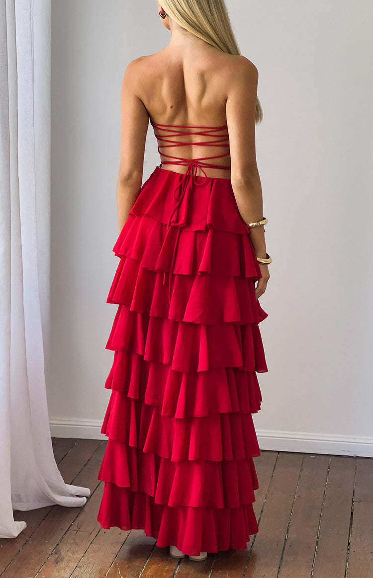 Kim Red Strapless Ruffle Maxi Dress — 4