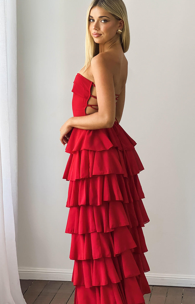 Kim Red Strapless Ruffle Maxi Dress — 5
