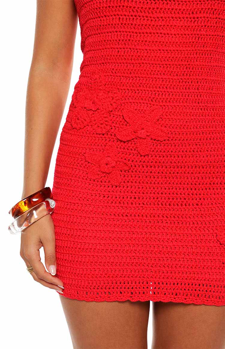 Mazzy Red Strapless Crochet Floral Mini Dress — 8