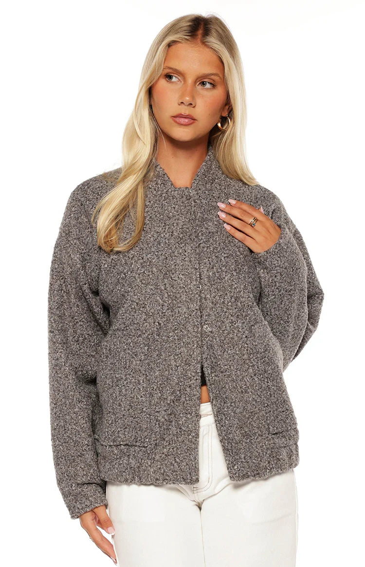 Warren Grey Boucle Button Up Bomber Jacket — 2