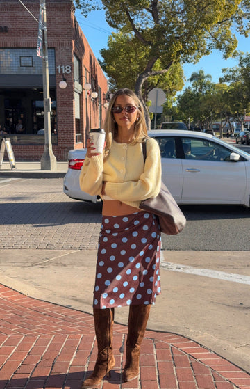 Charlize Brown and Blue Polka Dot Midi Skirt — 1