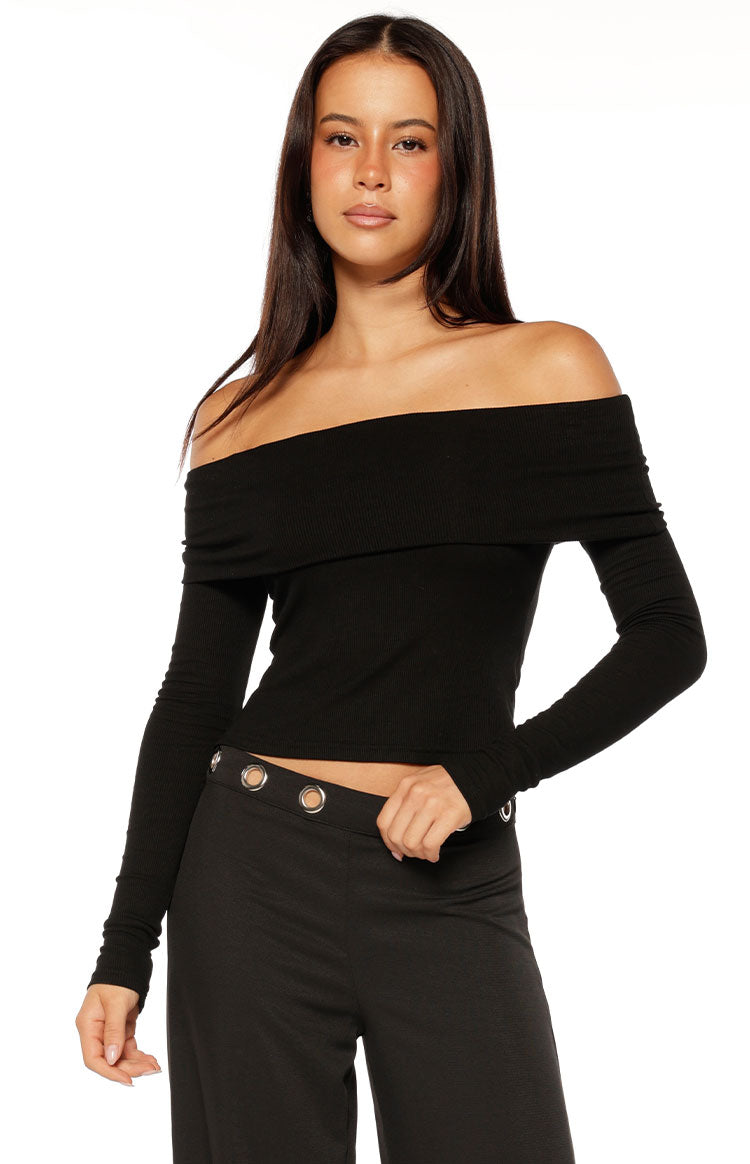 Marlin Black Off Shoulder Long Sleeve Top — 2