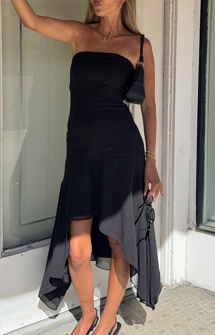 Jannah Black Strapless Hanky Hem Midi Dress — 8