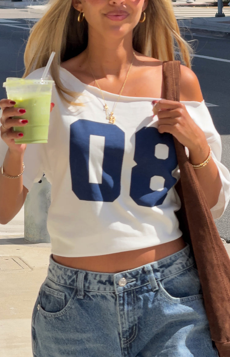 Amelie White Printed Off Shoulder Oversized Tee — 1