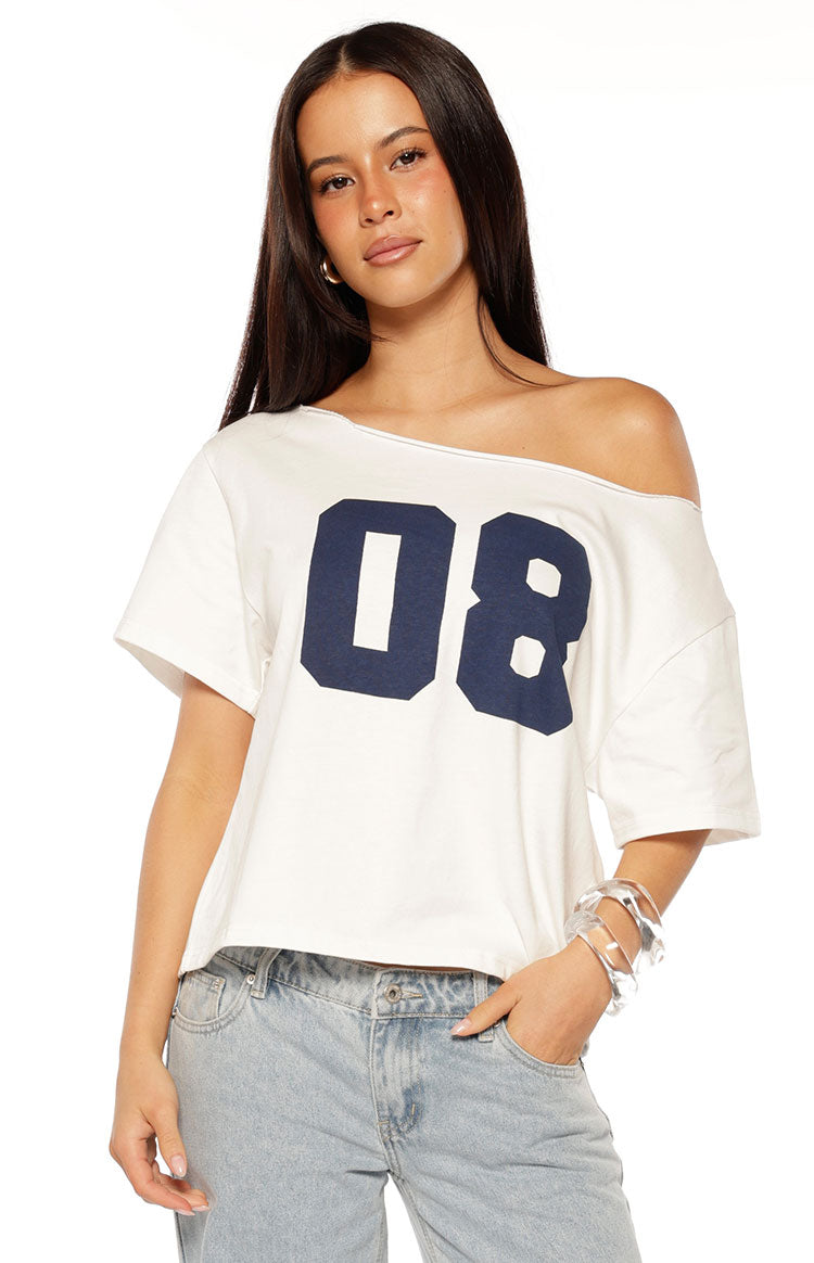 Amelie White Printed Off Shoulder Oversized Tee — 1