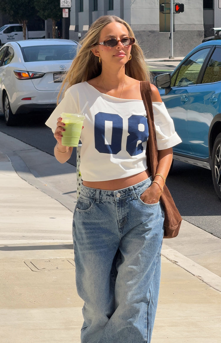 Amelie White Printed Off Shoulder Oversized Tee — 4