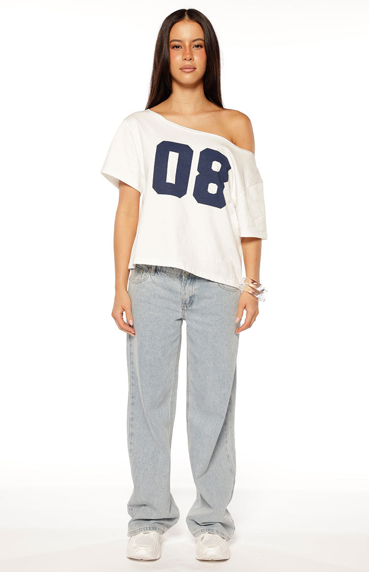 Amelie White Printed Off Shoulder Oversized Tee — 5