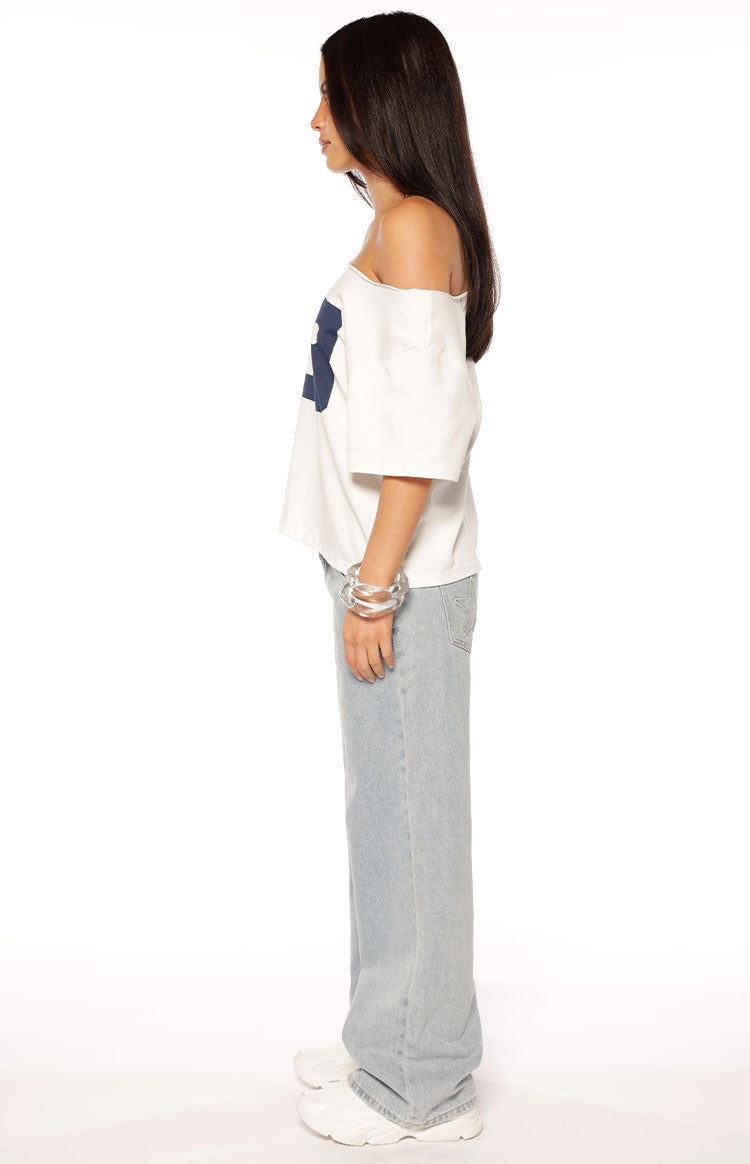 Amelie White Printed Off Shoulder Oversized Tee — 6