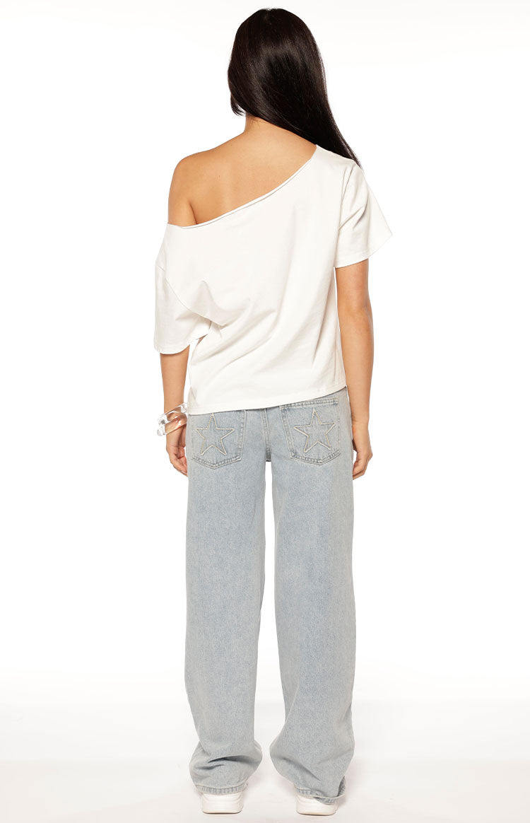 Amelie White Printed Off Shoulder Oversized Tee — 7