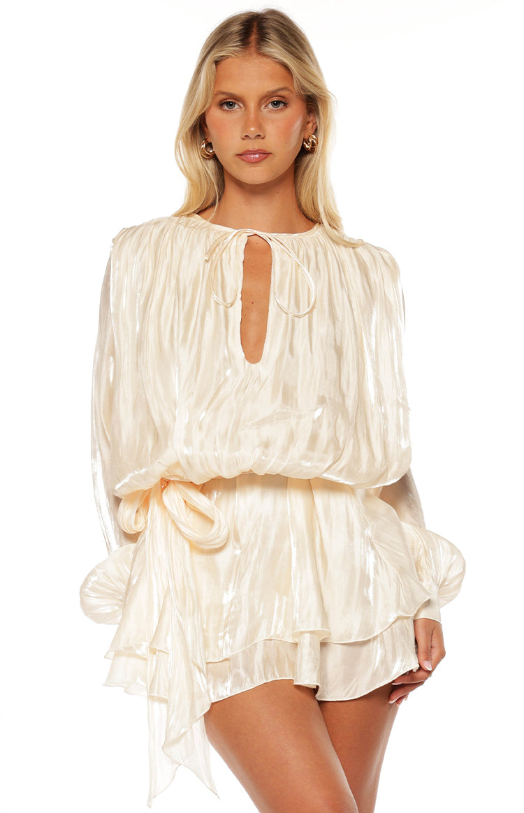 Quinton Pearl Satin Long Sleeve Tie Mini Dress — 10