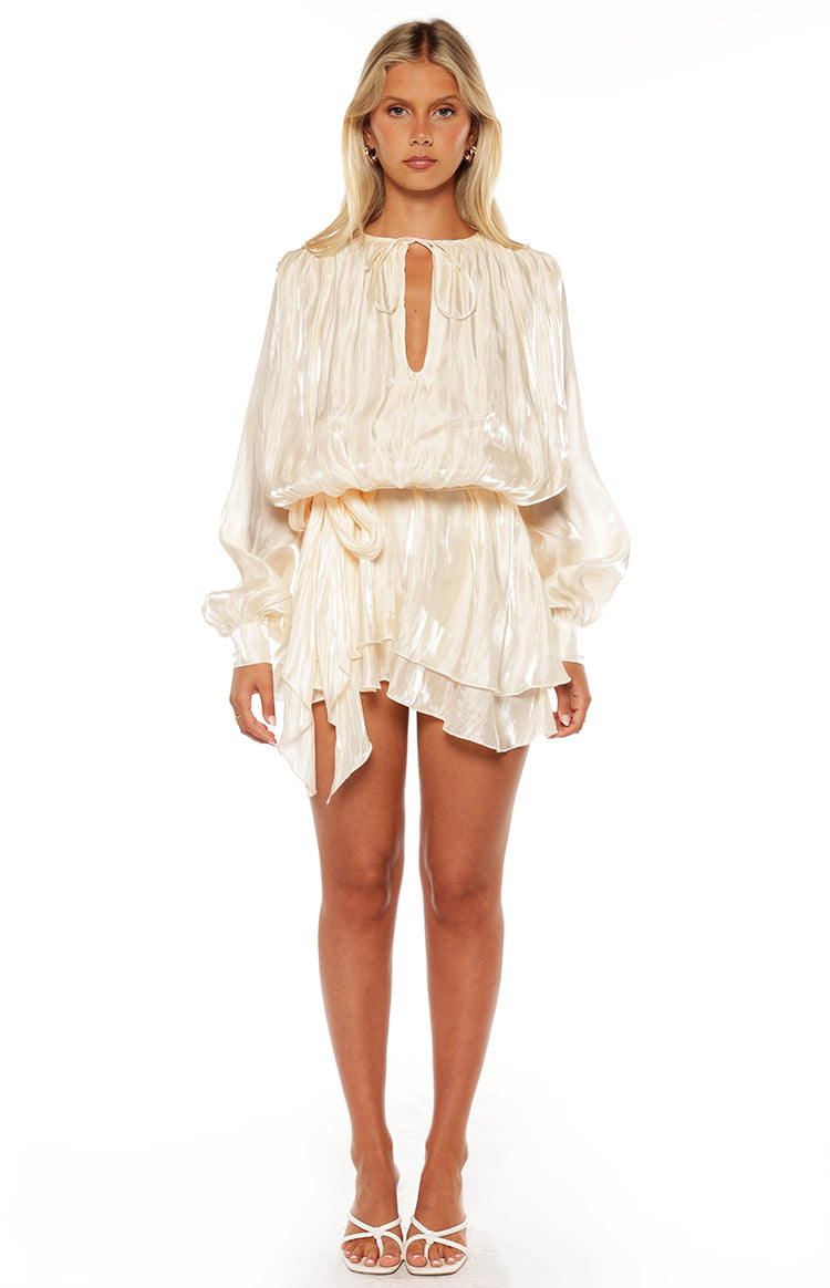 Quinton Pearl Satin Long Sleeve Tie Mini Dress — 11