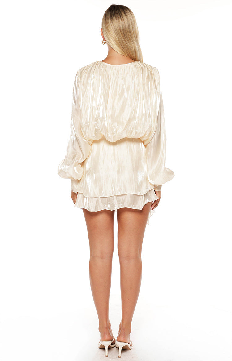 Quinton Pearl Satin Long Sleeve Tie Mini Dress — 13