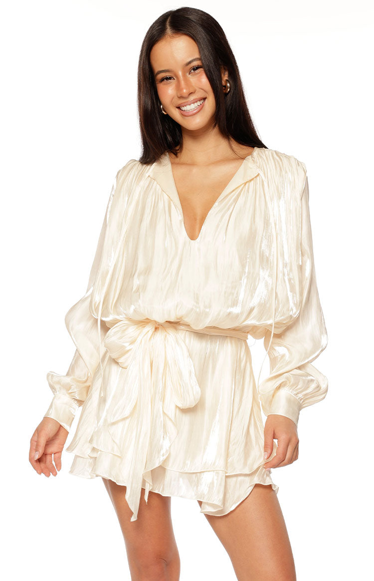 Quinton Pearl Satin Long Sleeve Tie Mini Dress — 15
