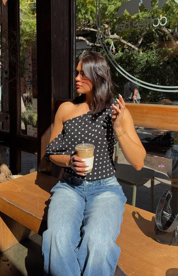 Khamie Black Polka Dot Off Shoulder Top — 1