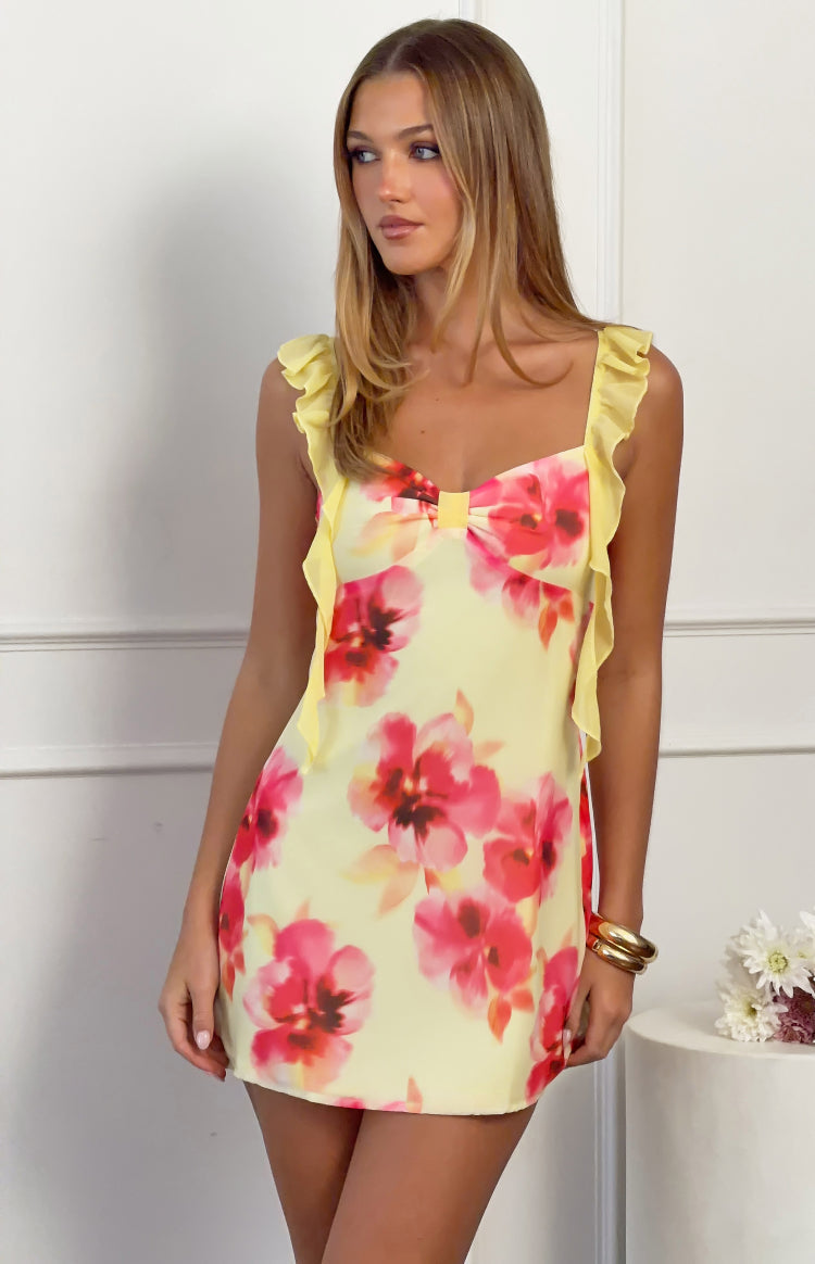 Joyce Yellow and Pink Floral Print Chiffon Mini Dress — 3