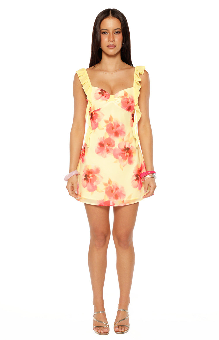 Joyce Yellow and Pink Floral Print Chiffon Mini Dress — 7