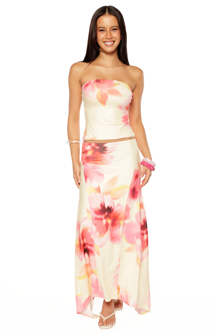 Alora Yellow and Pink Floral Print Hanky Hem Maxi Skirt — 2