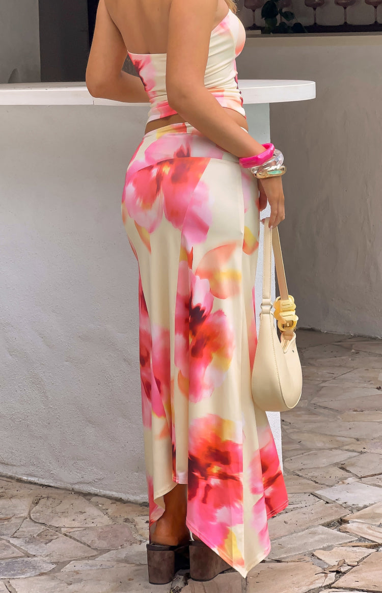 Alora Yellow and Pink Floral Print Hanky Hem Maxi Skirt — 6