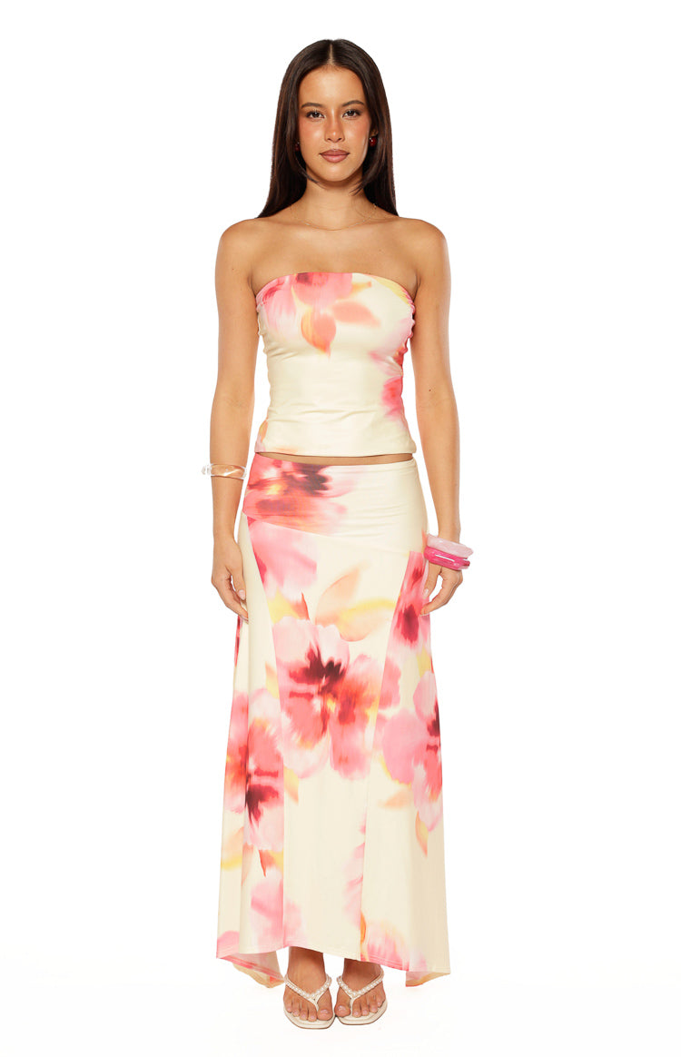 Alora Yellow and Pink Floral Print Hanky Hem Maxi Skirt — 8