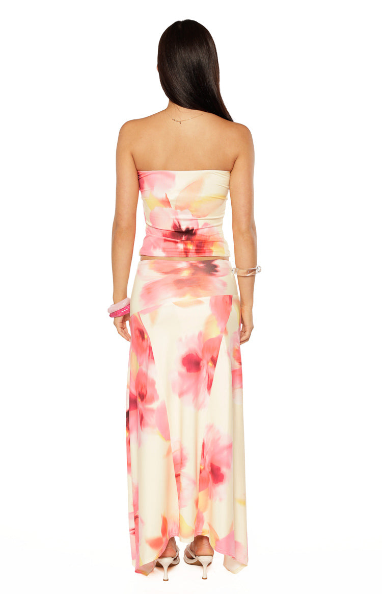 Alora Yellow and Pink Floral Print Hanky Hem Maxi Skirt — 10