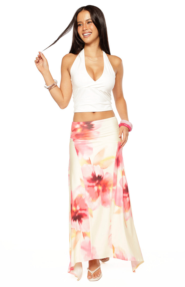 Alora Yellow and Pink Floral Print Hanky Hem Maxi Skirt — 12