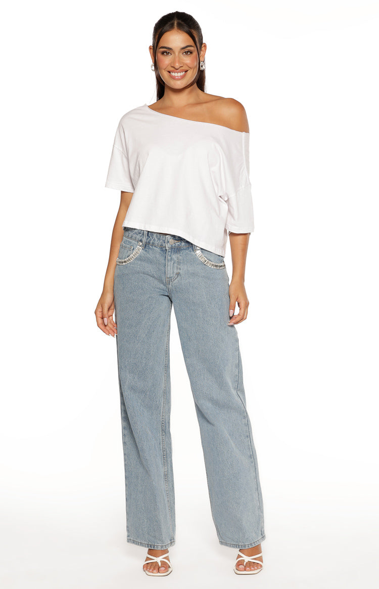 Kavira Light Wash Denim Diamante Trim Low Rise Jeans — 1