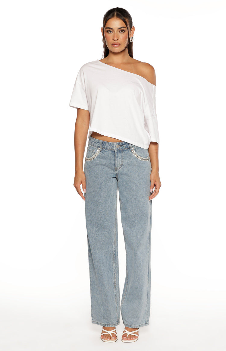 Kavira Light Wash Denim Diamante Trim Low Rise Jeans — 5
