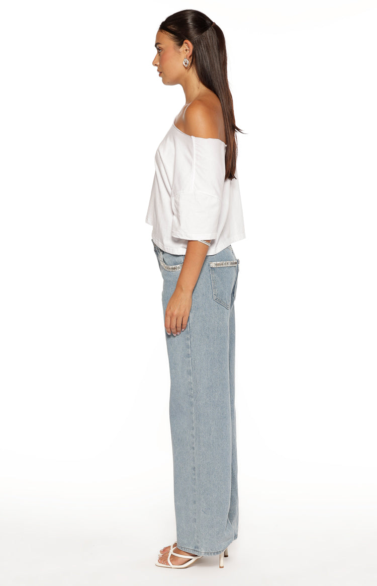 Kavira Light Wash Denim Diamante Trim Low Rise Jeans — 6