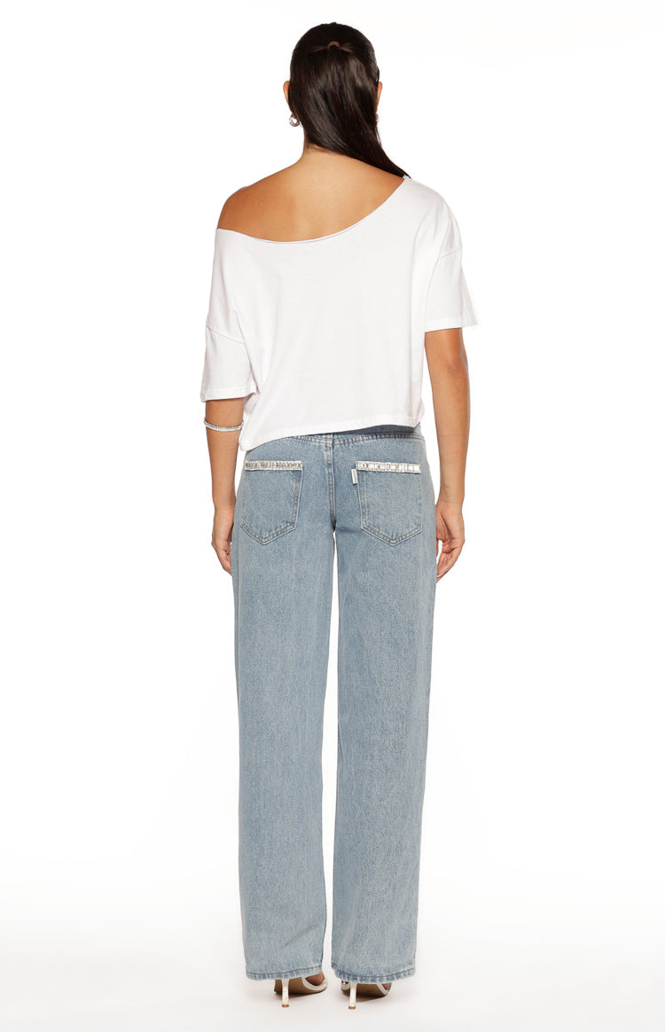 Kavira Light Wash Denim Diamante Trim Low Rise Jeans — 7