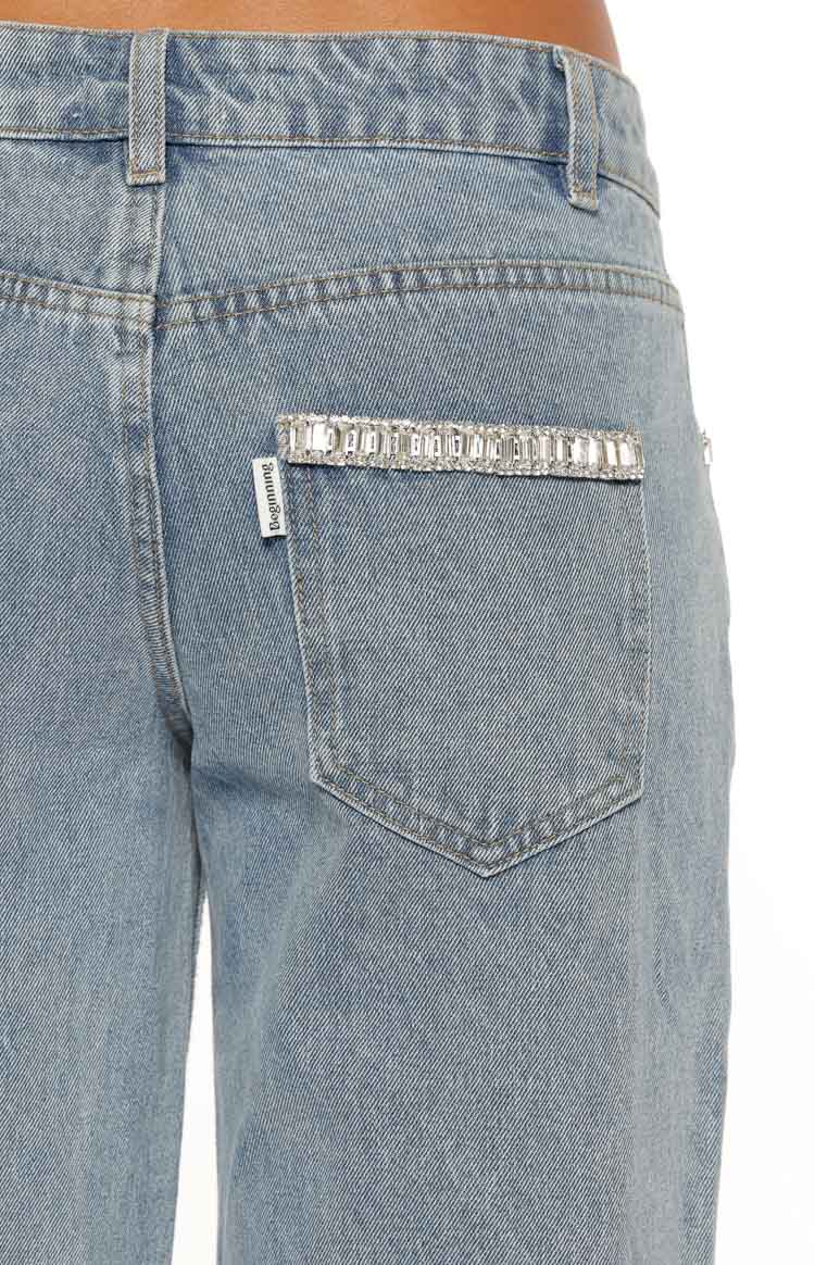 Kavira Light Wash Denim Diamante Trim Low Rise Jeans — 8
